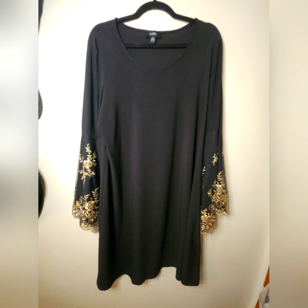 Women's XL MSK black dress, bell sleeves, gold sequins